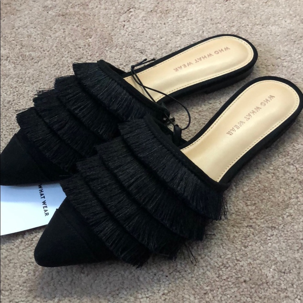 Black Fringe Slip On Shoes
